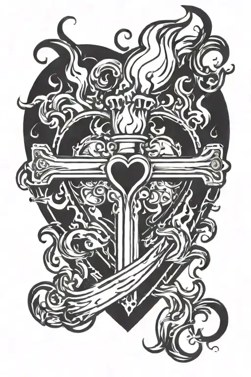 A Flaming Torch Through An Heart With An Black Painted Cross