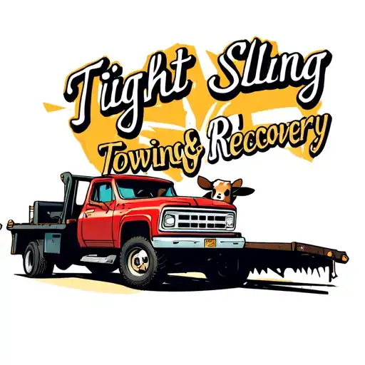 Tow Truck With The Writing 'Tight Sling Towing & Recovery' With A Cow Girl