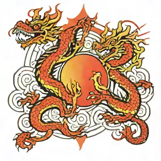 Two Chinese Dragons Around An Red Sun