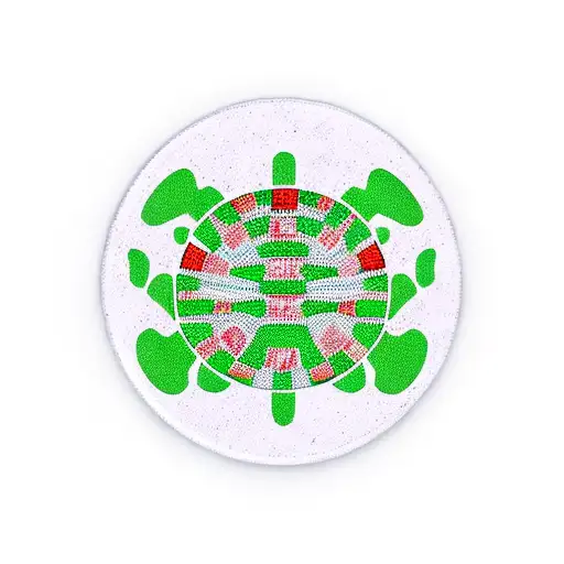 A Disc Golf Disc With A Turtle Shell Pattern And Pharmacy Symbols As The Flight Numbers