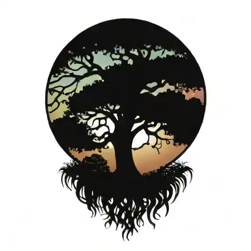 Live Oak Tree With Spanish Moss At Sunset