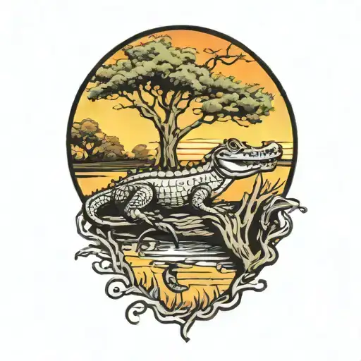 Alligator Under Live Oak Tree With Spanish Moss At Sunset