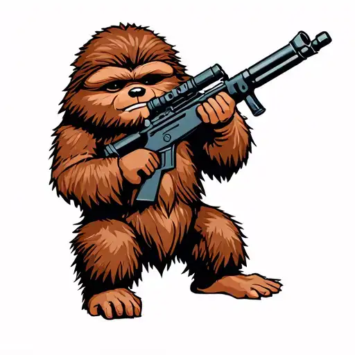 Ewok Holding Military Rifle Standing Over Dead Ewok
