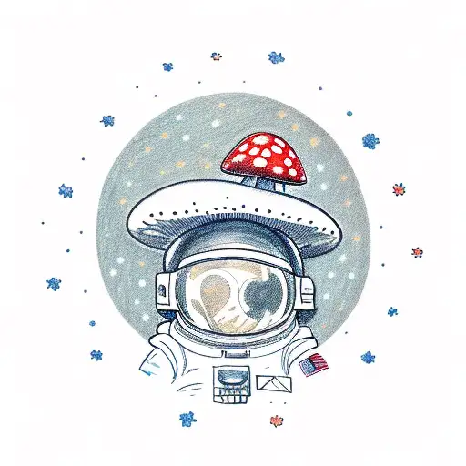 A Sketch Of An Astronaut Holding A Mushroom Bouquet With Stars In The Background