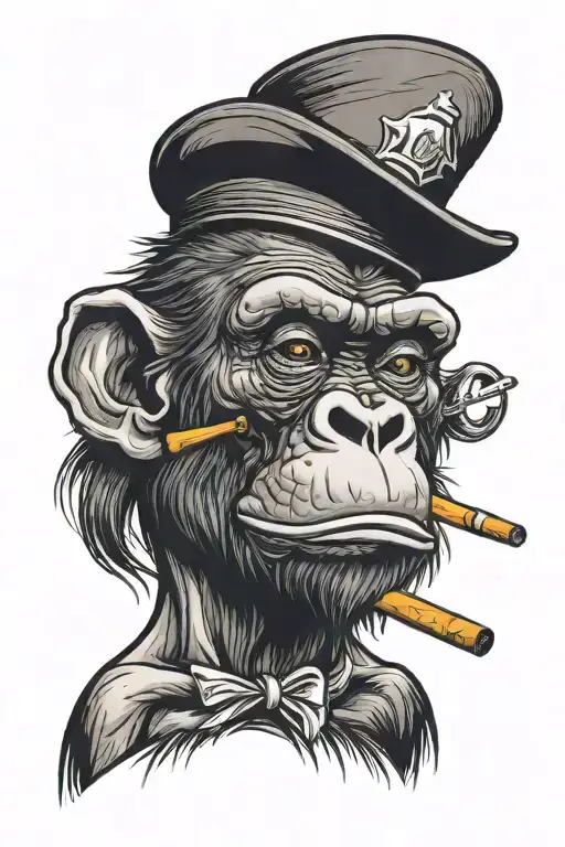 A Face Of A Bonobo Monkey Smoking Cigar With A Hat Cylinder