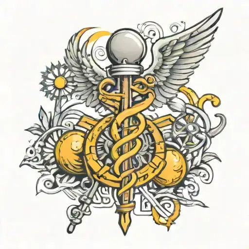 A New-school Style Tattoo Of A Medical Caduceus Intertwined With Religious Symbols