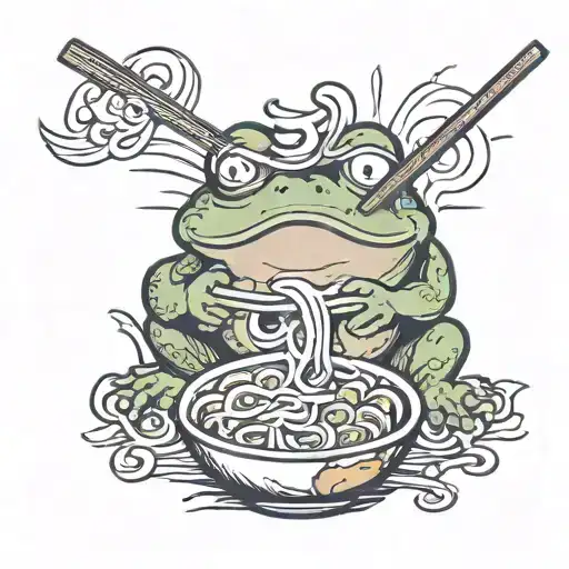 Cute Frog Eating Ramen With A Japanese Sunburst Behind It