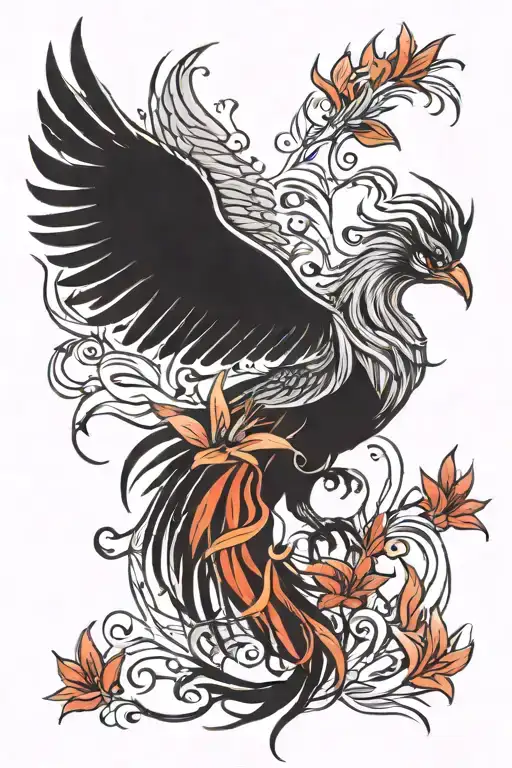 A Fire Phoenix With A Long Tail Surrounded By Red Spider Lilies On Fire