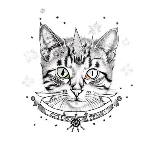 A Traditional Style Tattoo Of A Cat Wearing A Punk Rock Outfit With Stars In The Background