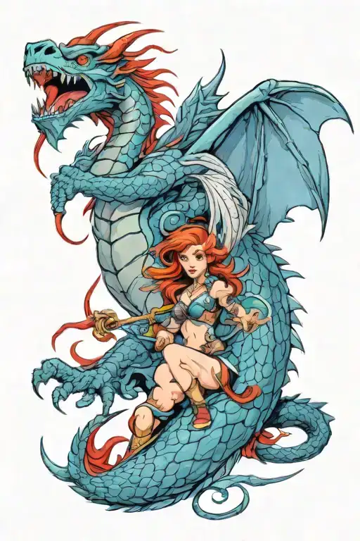 Mystical Dragon With Red Haired Female Warrior Riding