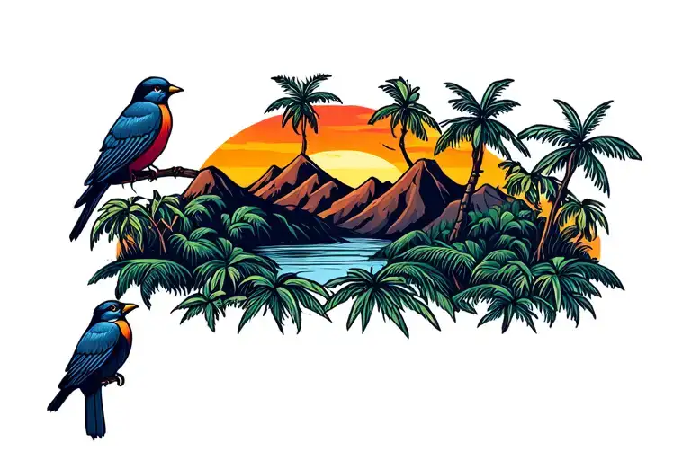 Jungle Mountain Sunset Birds