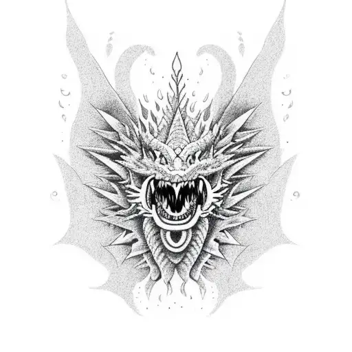 A Wise Old Dragon Breathing Fire In A Dotwork Style