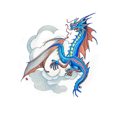 Blue Dragon With Headphones Flying Around A Record