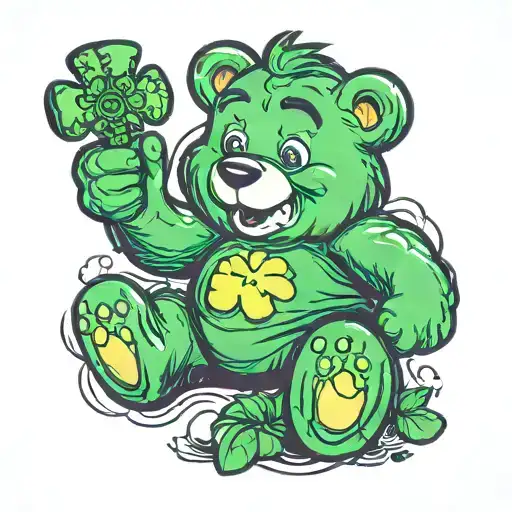 Green Care Bear With Four Leaf Clover Symbol Plays Video Games