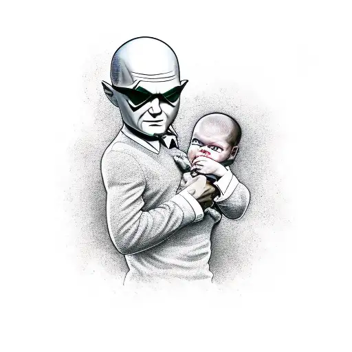 Agent 47 Holding A Baby In His Left Arm And His Silverballer In His Right Hand
