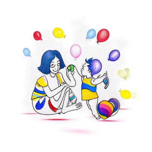 A Vibrant New-school Tattoo Of A Mother And Child Playing With Colorful Balloons