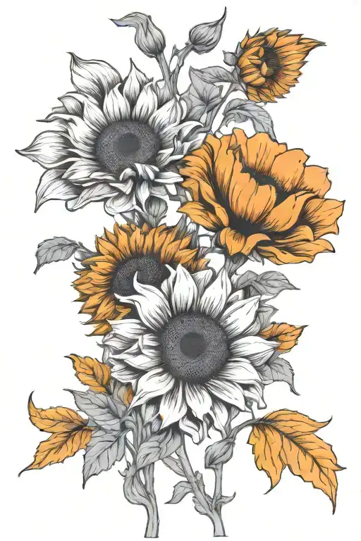 Orange Poppy And Sunflower Blooming