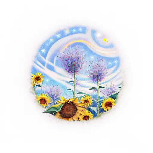 A Tattoo Of A Sunflower Field Under A Starry Sky