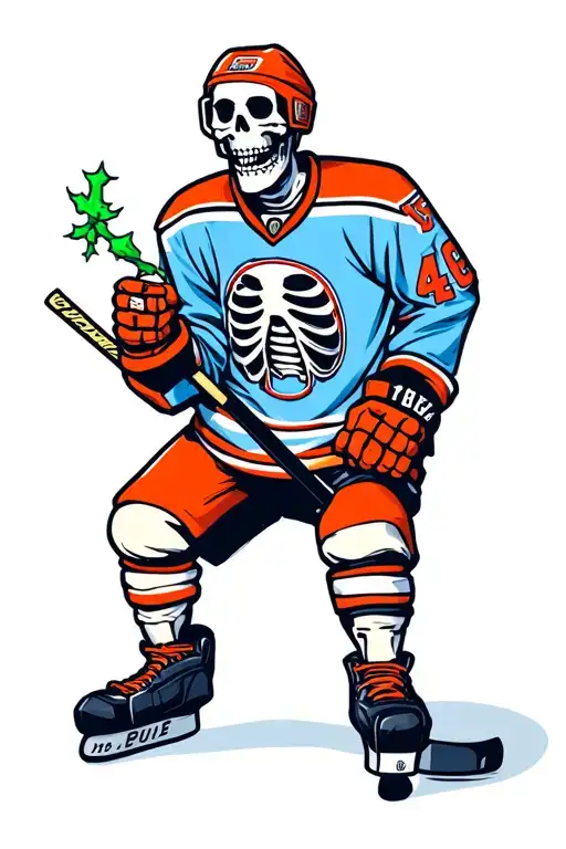 Skeleton Hockey Player Wearing Jersey And Holding A Joint