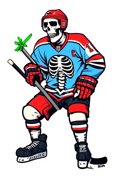Skeleton Hockey Player Wearing Jersey And Holding A Joint