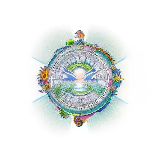 A Whimsical New-school Tattoo Featuring A Fusion Of Erding's Famous Therme And Elements Of Nature