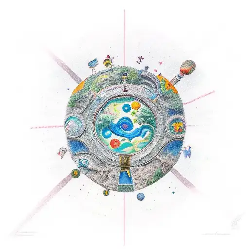 A Whimsical New-school Tattoo Featuring A Fusion Of Erding's Famous Therme And Elements Of Nature