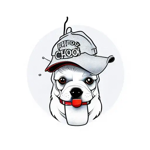 A New-school Tattoo Of A Dog Wearing A Fishing Hat And Holding A Coffee Cup In Its Mouth