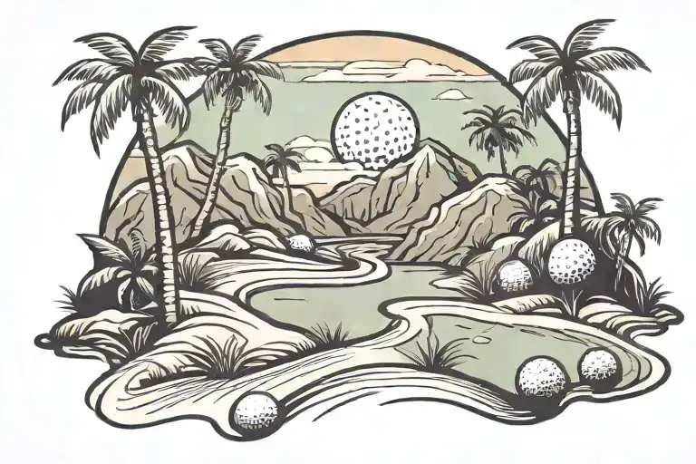 A Golf Ball Rolling Down A Mountain Path Lined With Palm Trees