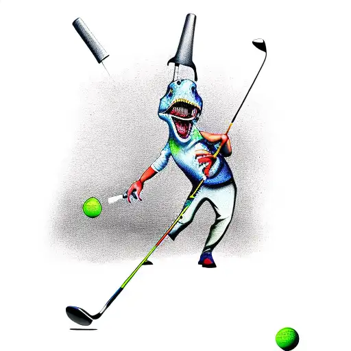 A Dinosaur With Golf Club In Hand And Hat On