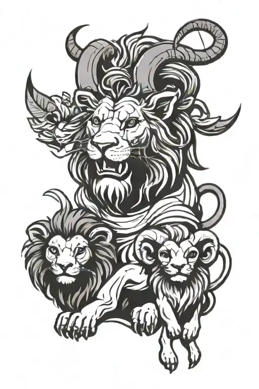 Lion And Ram With Child Playing