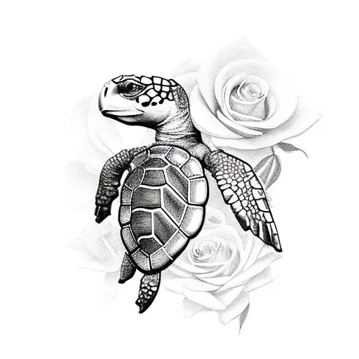 A Realistic Turtle And Eagle Surrounded By Roses