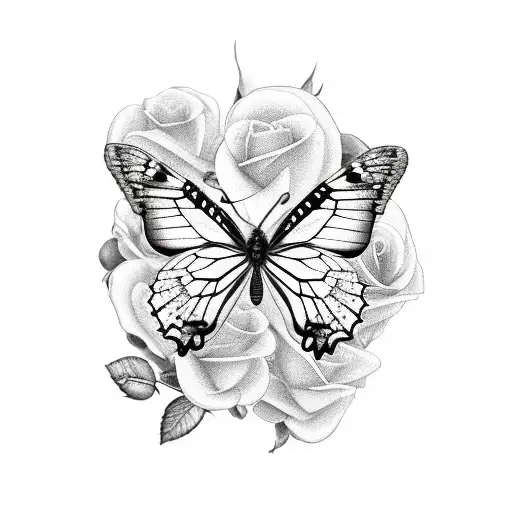 Black And White Butterfly With Roses
