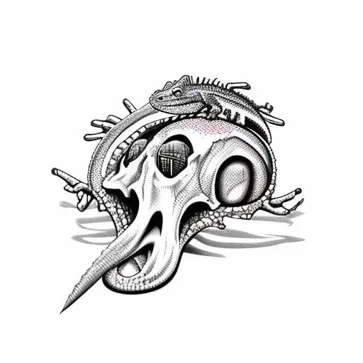 Lizard On A Skull In 80S Rocker Style