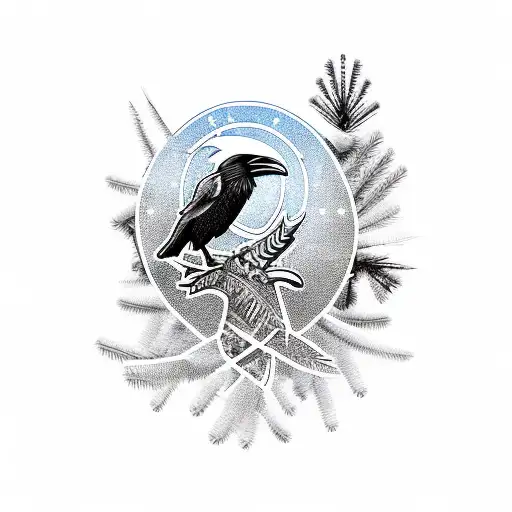 Norse Raven On A Pine Tree Branch