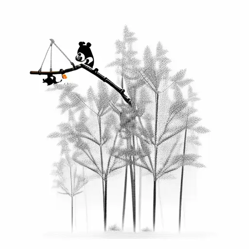 Bamboo Forest With A Playful Panda Swinging From The Trees