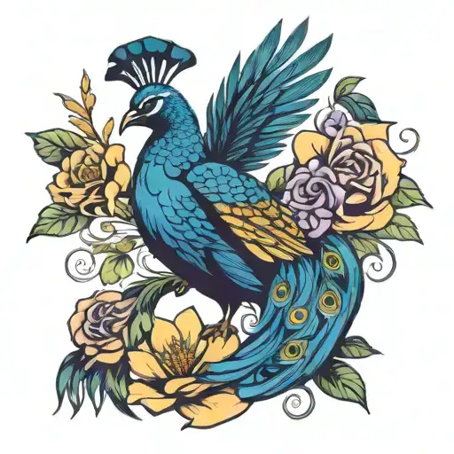 Peacock Intertwined With A Crow With Flowers Growing