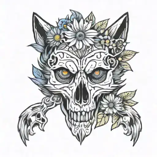 Wolf Skull With Daisy Flowers