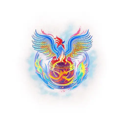 A New-school Tattoo Of A Fiery Phoenix Rising From A Jar Of Kashmiri Chilli Powder