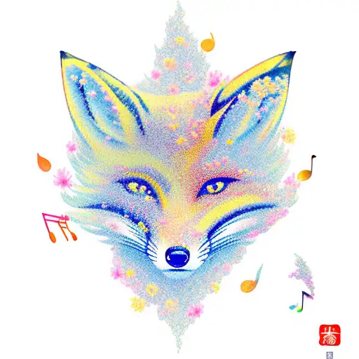 A Fox Surrounded By Japanese Cherry Blossoms And Musical Symbols In A New-school Style