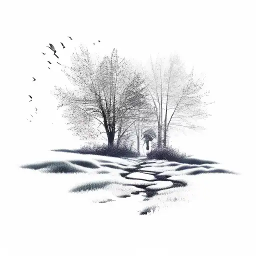 A Serene Landscape Of A Forest Trail With A Silhouette Of A Dog Walking Alongside