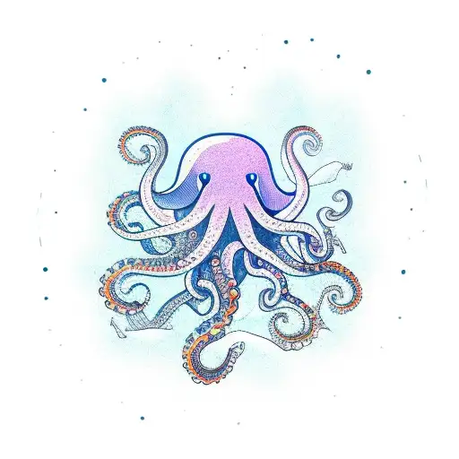 A Psychedelic Octopus Playing A Guitar On A Mountain Peak Surrounded By Waves And Clouds