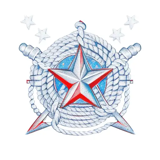 Two Red 6 Point Stars Bound To An Anchor With Rope