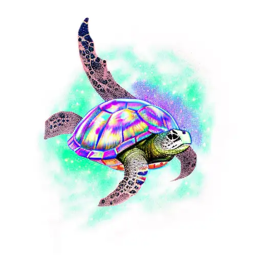 A Tattoo Of A Turtle Swimming Through A Galaxy With An Aurora Borealis Background