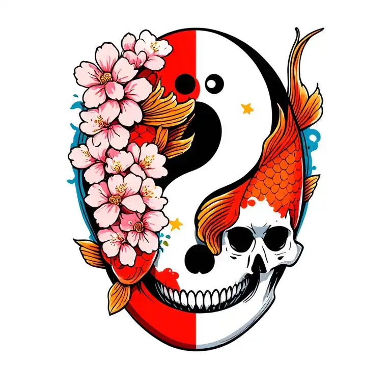 Yin Yang Koi Fish Skull Flag Cherry Blossom