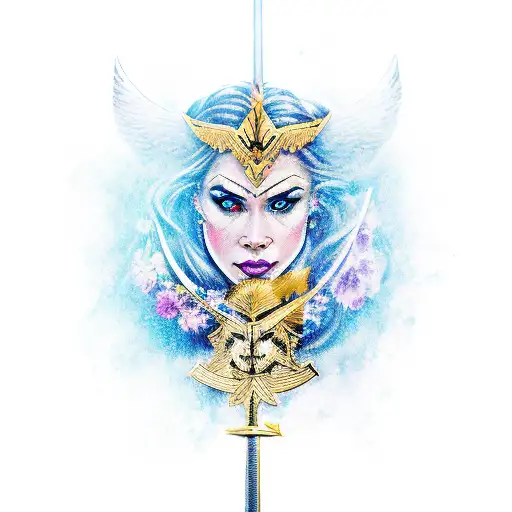 Valkyrie Face With Flowers In Her Hair And Sword In Her Hand