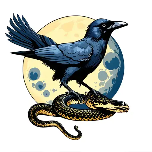 Crow And Snake Trying To Eat The Moon That Is Placed In The Middle Of The Chest