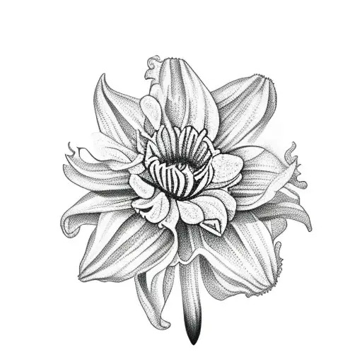 A Dotwork Tattoo Of A Daffodil With A Chrysanthemum In The Background