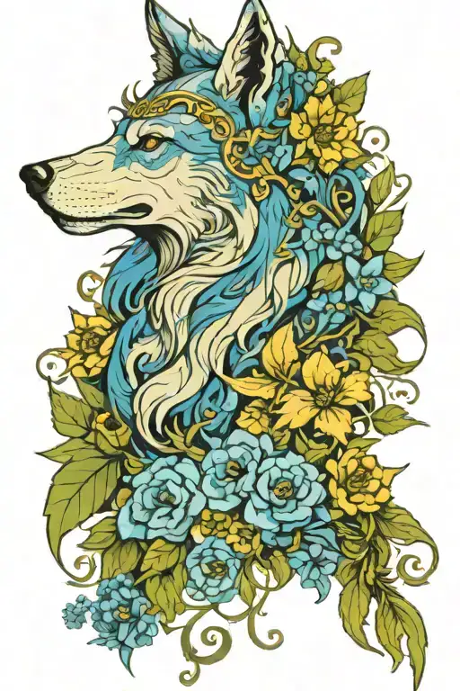 A Wolf Made Of Blue Flowers With Horns On Which A Raven Sits
