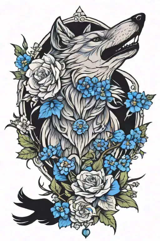 Wolf With Deer And Raven And Blue Flowers