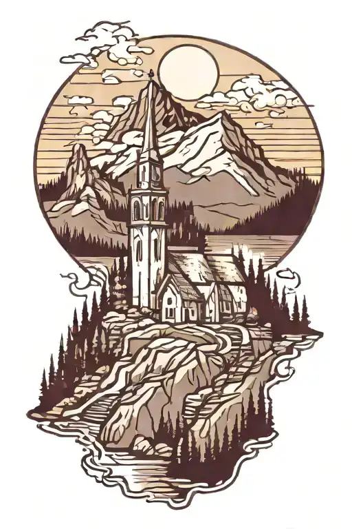 A Mountain Landscape With A Church Steeple In The Background
